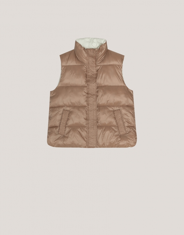 Camel quilted vest with ecru lining