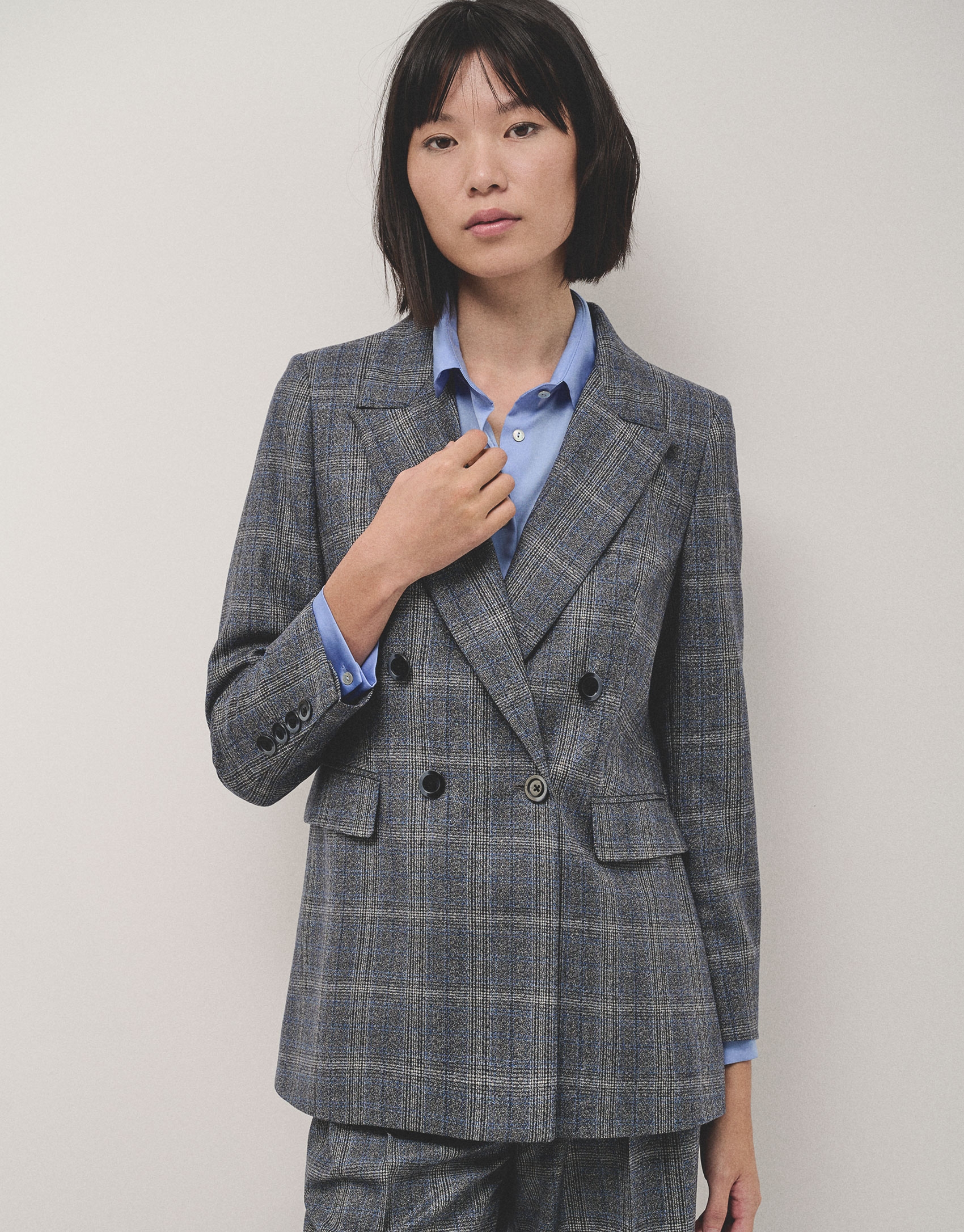 Double-breasted blazer in grey and blue wales check wool