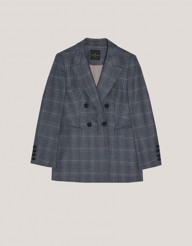 Double-breasted blazer in grey and blue wales check wool