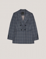 Double-breasted blazer in grey and blue wales check wool