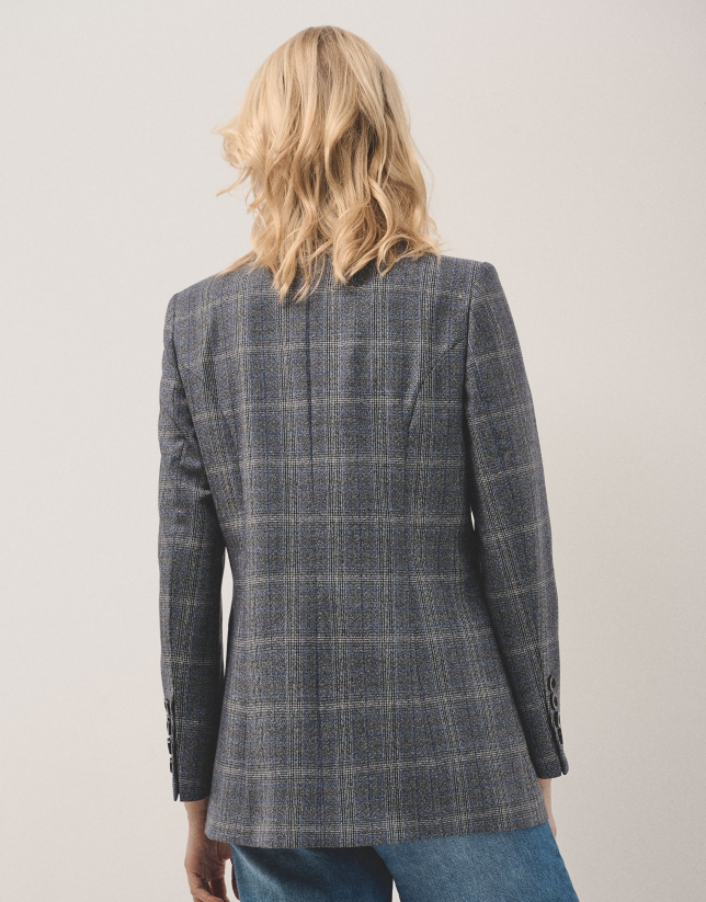 Double-breasted blazer in grey and blue wales check wool