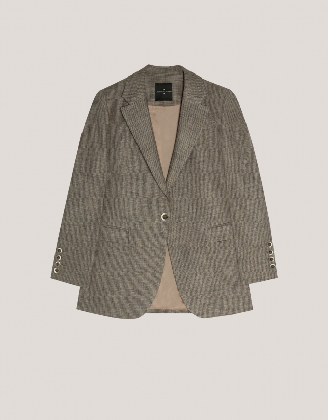 Beige and blue microprint blazer with one button