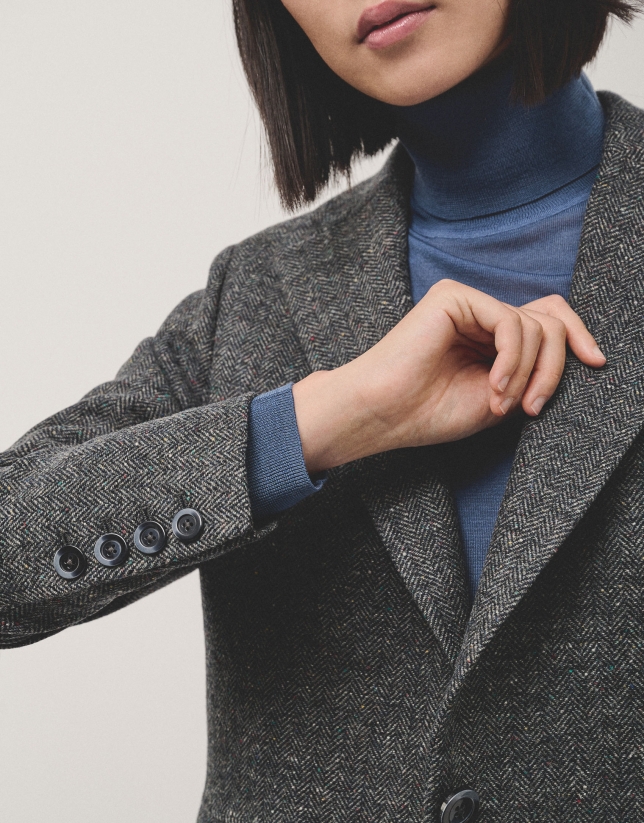 Blue herringbone blazer in wool with one button