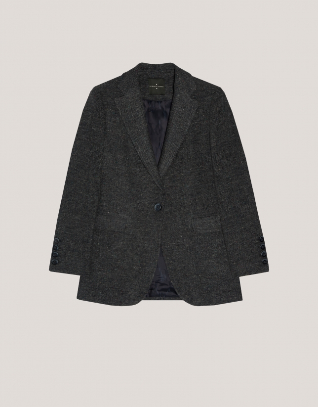 Blue herringbone blazer in wool with one button