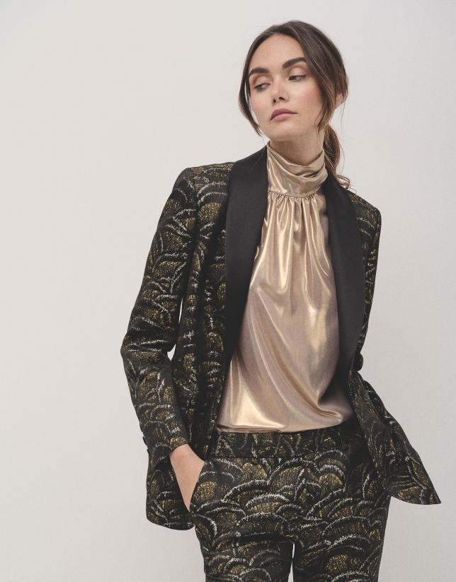 Chaqueta esmoquin un botón jacquard dorado ondas