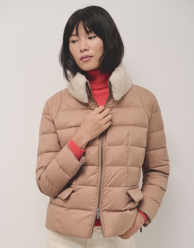 Camel down jacket with removable furry collar