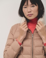 Camel down jacket with removable furry collar