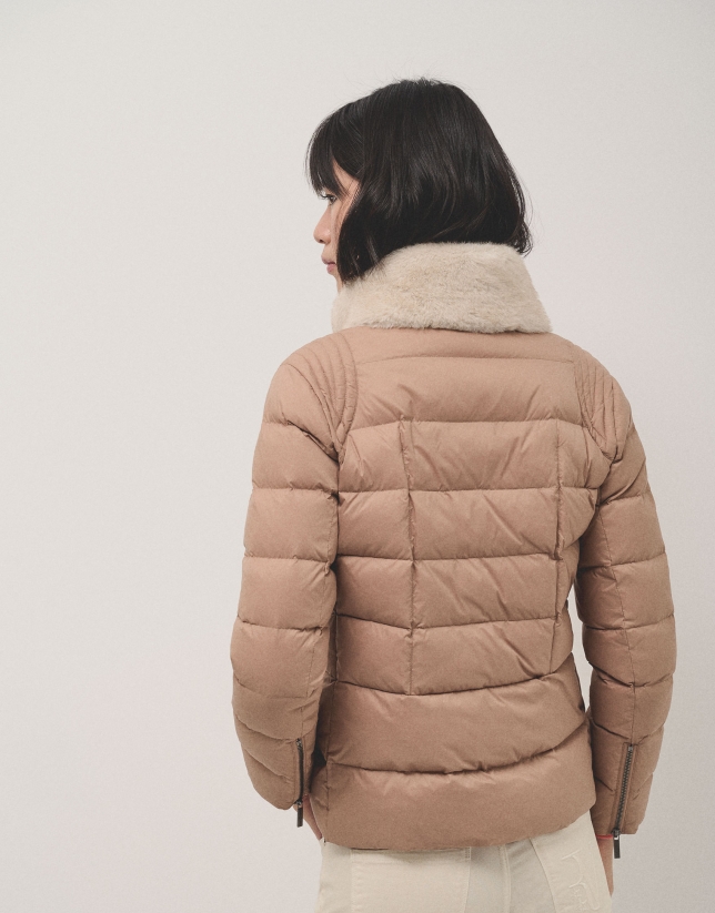 Camel down jacket with removable furry collar