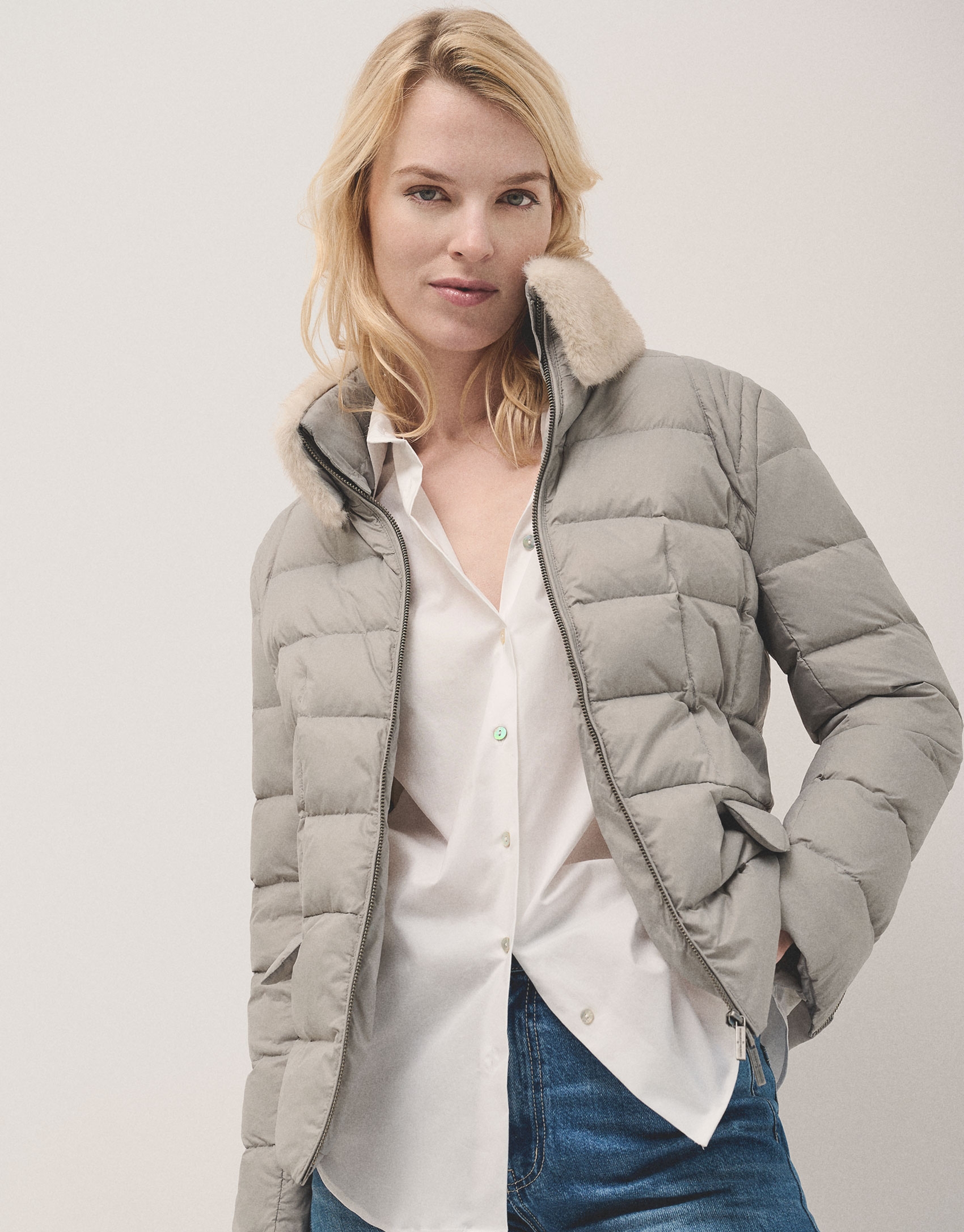 Grey down jacket with removable furry collar