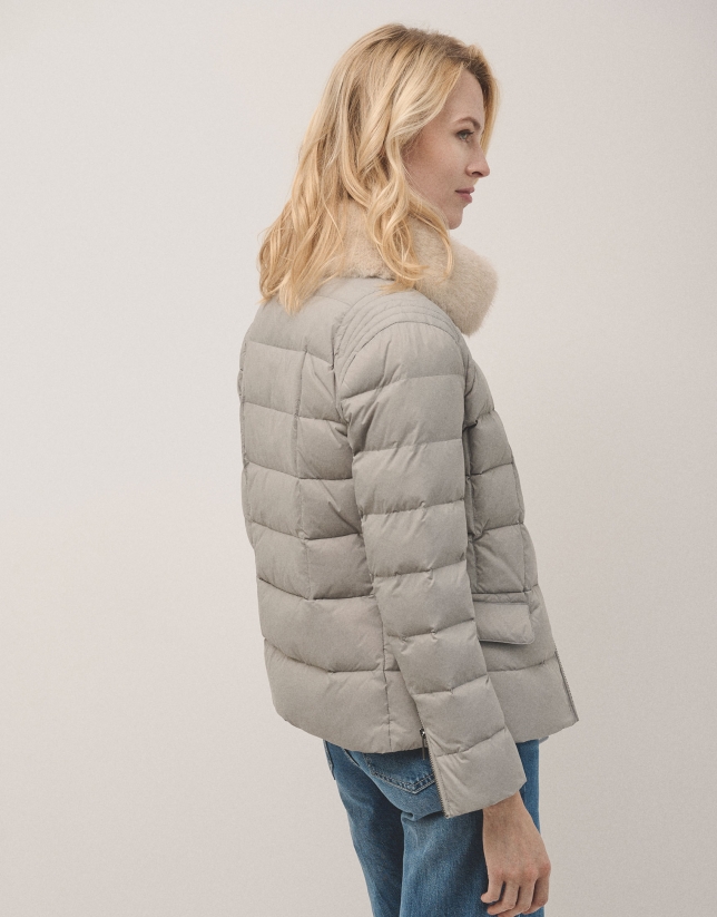 Grey down jacket with furry collar