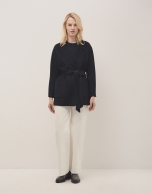 Short navy double-faced coat with belt