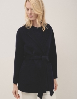 Short navy double-faced coat with belt