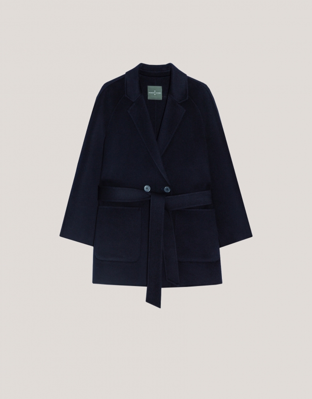 Short navy double-faced coat with belt