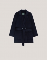 Short navy double-faced coat with belt