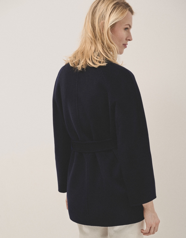 Short navy double-faced coat with belt