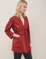 Short tile-color double-faced coat with belt