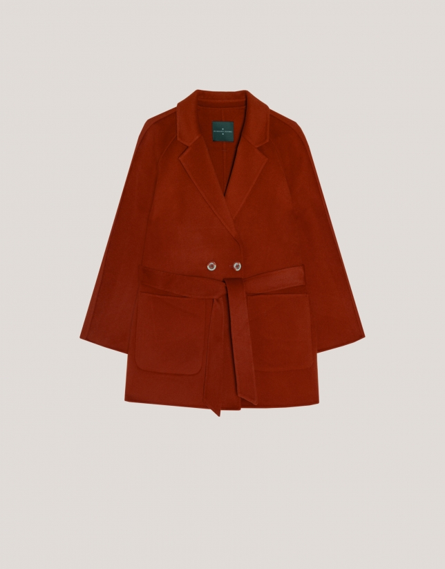 Short tile-color double-faced coat with belt