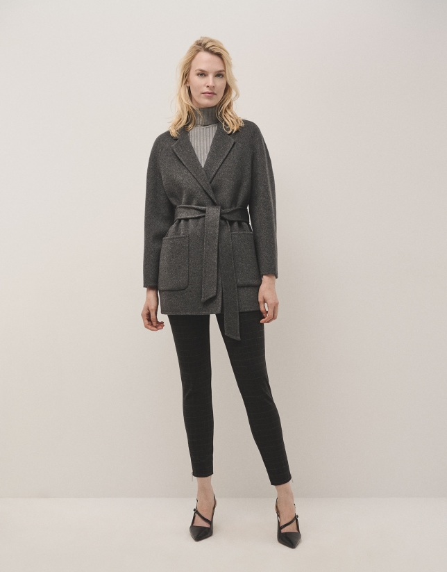 Short grey double-faced coat with belt