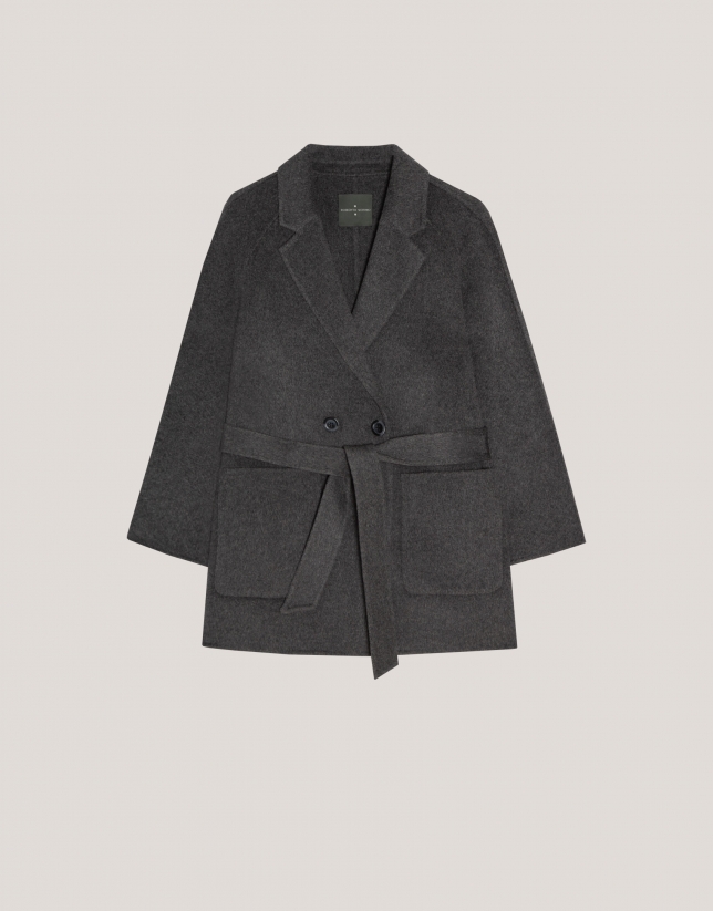 Short grey double-faced coat with belt