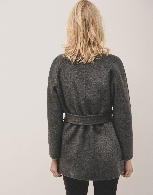 Short grey double-faced coat with belt