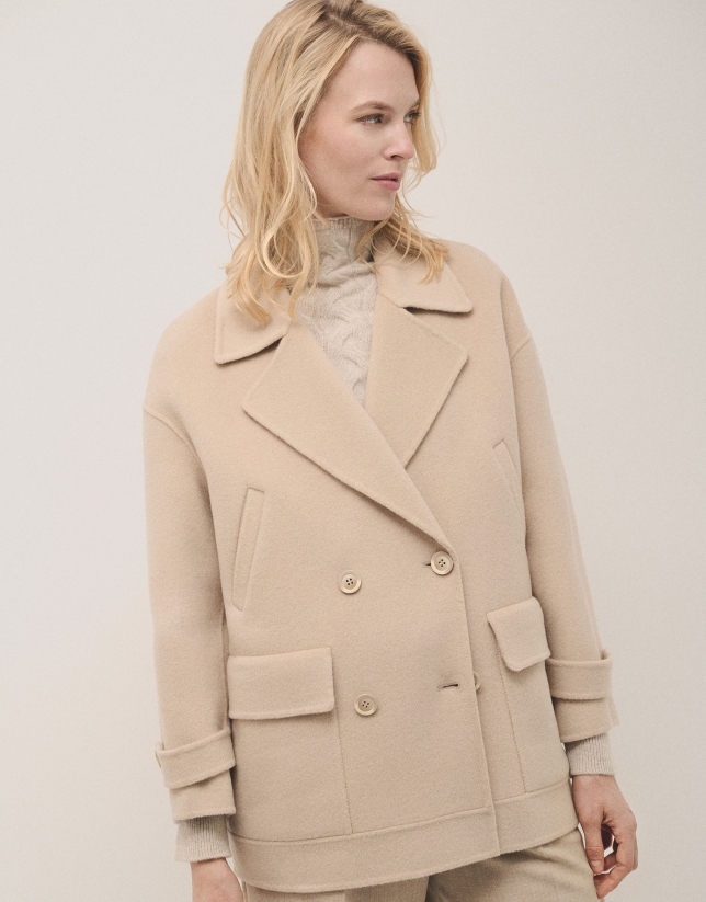 Beige three-quarter double-faced cloth parka with double breast closure