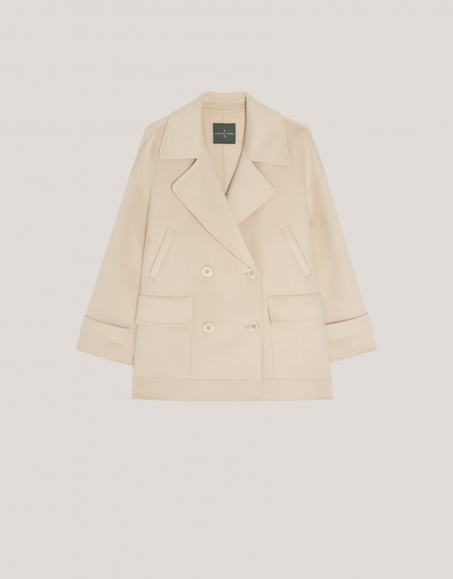 Beige three-quarter double-faced cloth parka with double breast closure