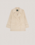 Beige three-quarter double-faced cloth parka with double breast closure