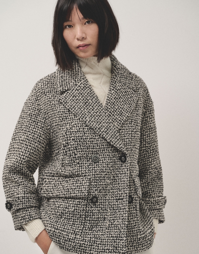 Black and white three-quarter tweed coat