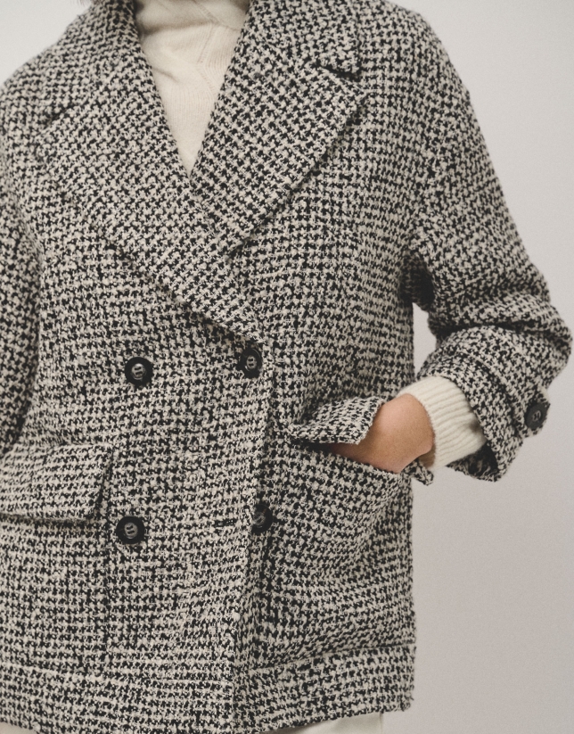 Black and white three-quarter tweed coat