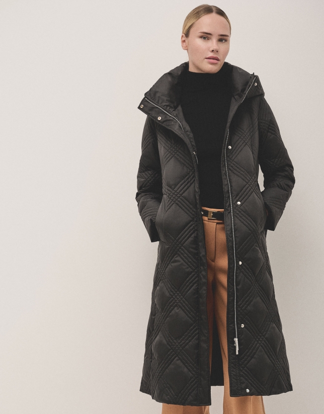 Long black diamond quilted coat 