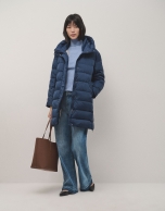 Long navy quilted coat with camel interior