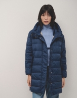 Long navy quilted coat with camel interior