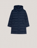 Long navy quilted coat with camel interior