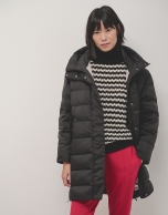 Long black quilted coat with beige interior