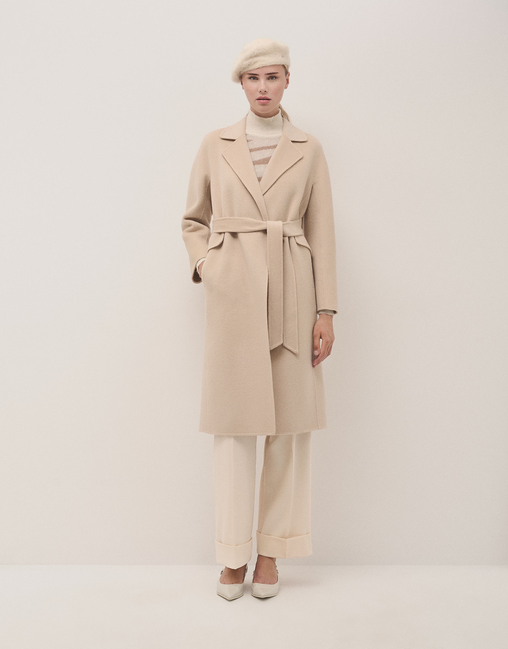 Oversize long beige double-faced cloth coat