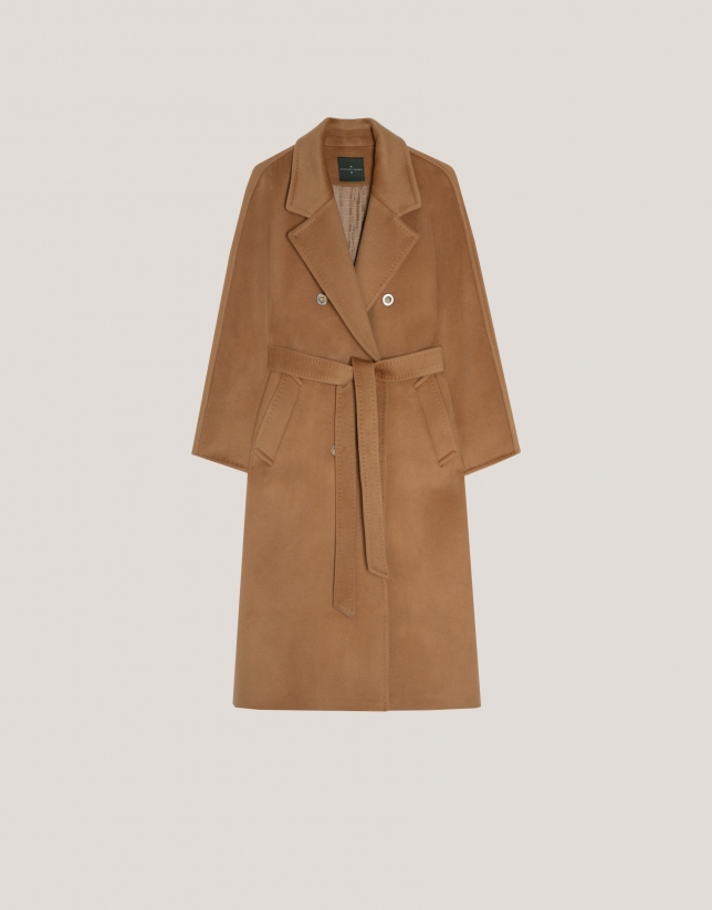 Long camel double-breasted cloth coat