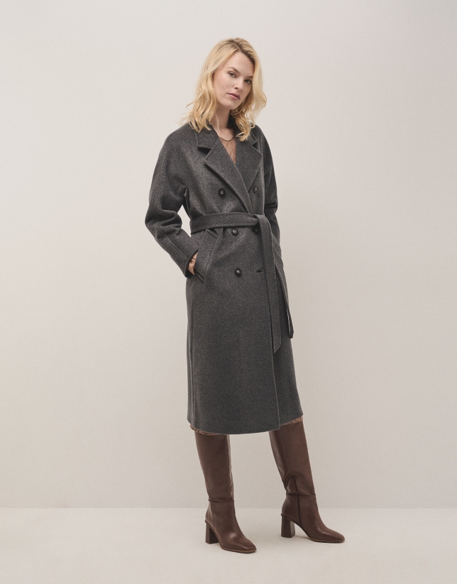 Long grey double-breasted cloth coat