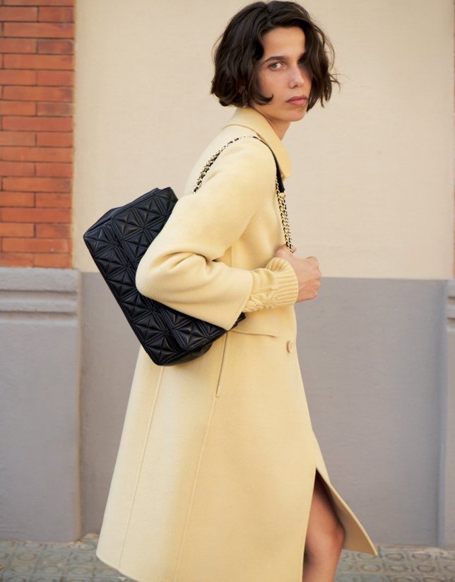 Long straight double-breasted coat in double-faced yellow cloth