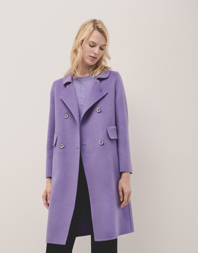 Long straight double-breasted coat in double-faced lilac cloth