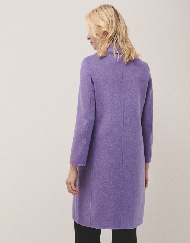 Long straight double-breasted coat in double-faced lilac cloth