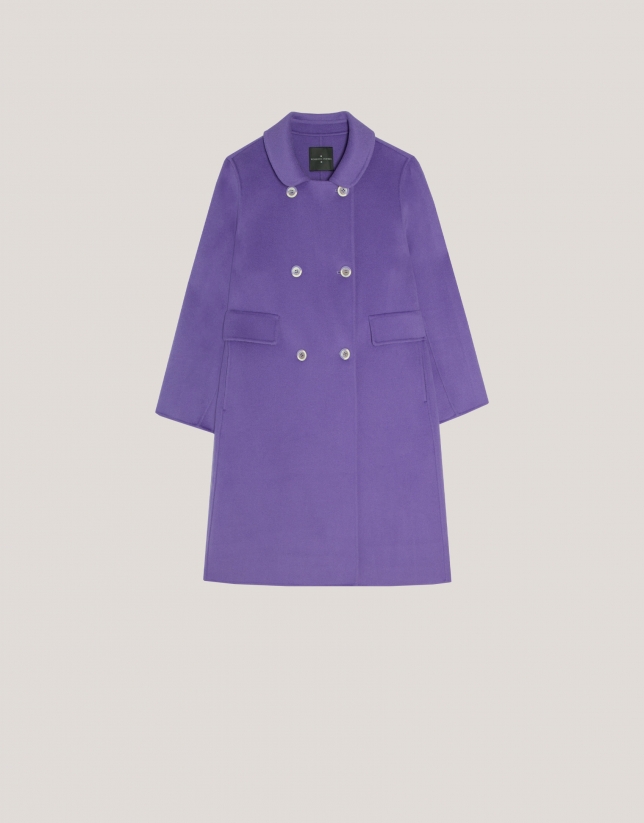 Long straight double-breasted coat in double-faced lilac cloth