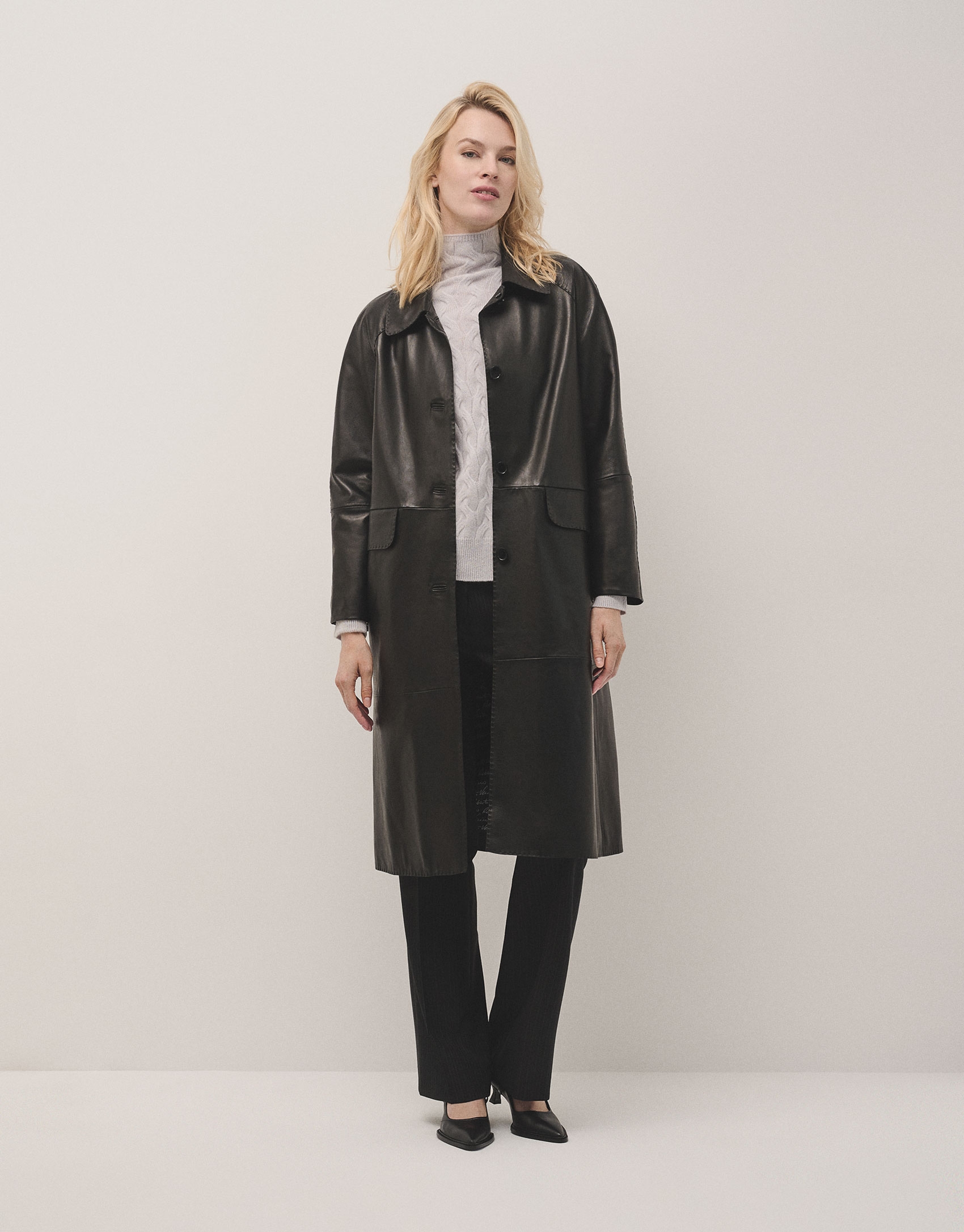 Long black napa coat with ranglan sleeve