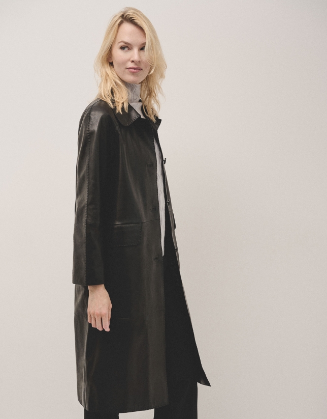 Long black napa coat with ranglan sleeve