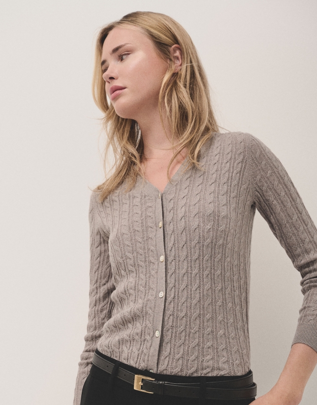 V-neck cardigan knitted wool taupe