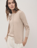 Round neck beige wool knitted cardigan