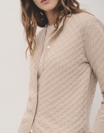 Round neck beige wool knitted cardigan