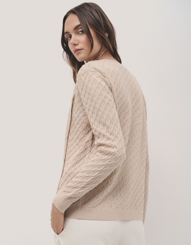 Round neck beige wool knitted cardigan