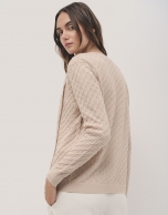 Round neck beige wool knitted cardigan