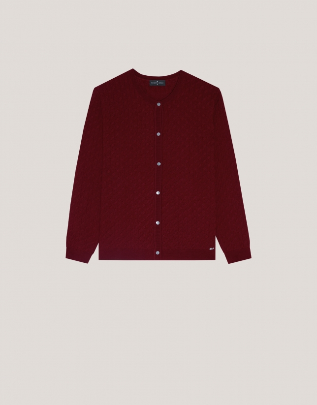 Round neck red wool knitted cardigan