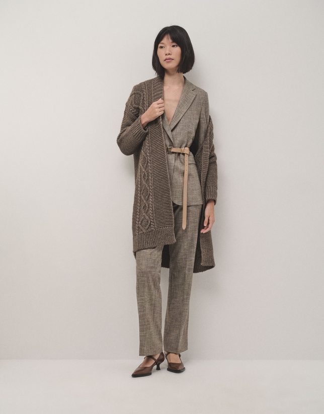 Three-quarter length knitted jacket in camel